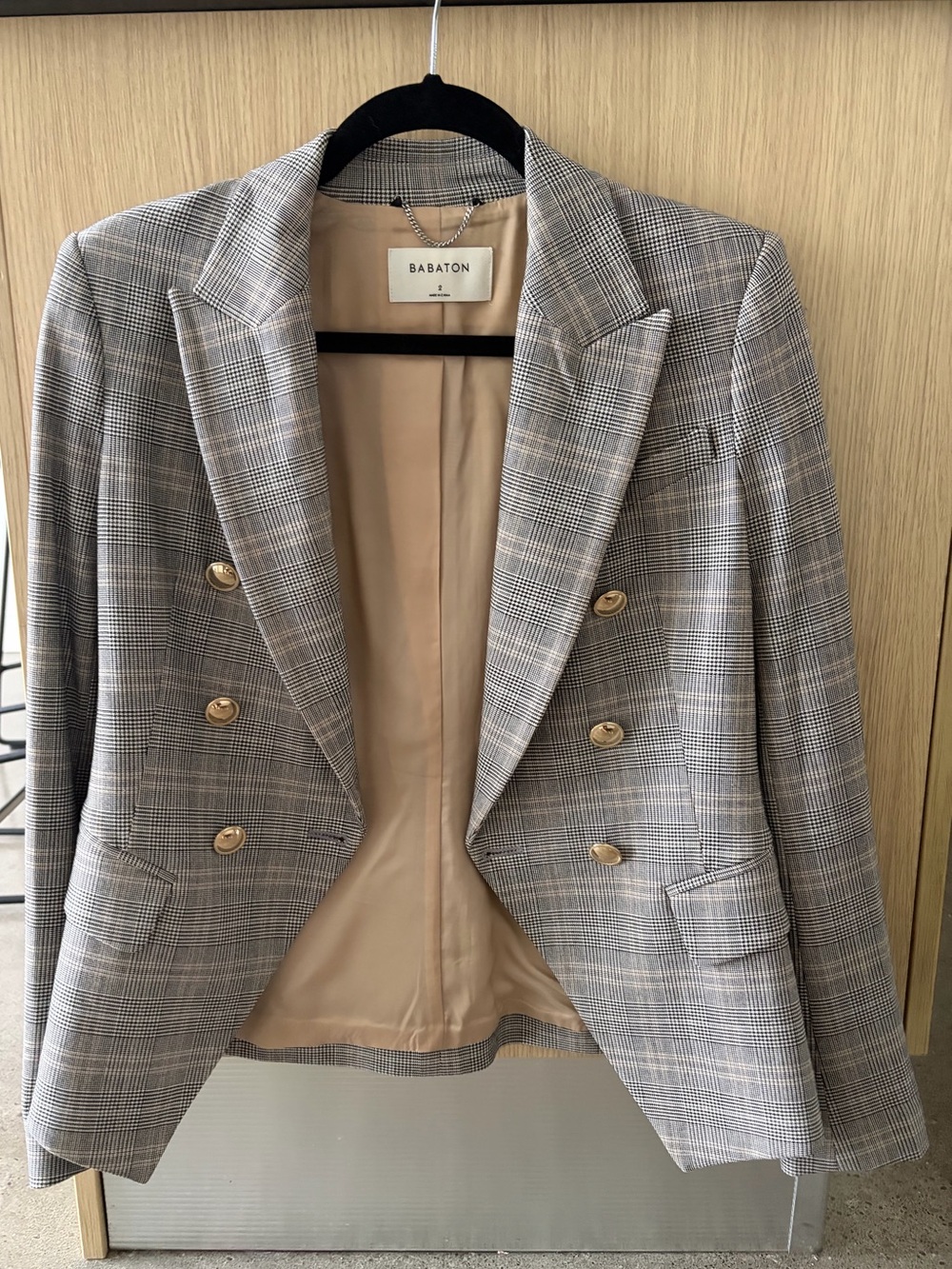 Babaton Tan Plaid Double-Breasted Blazer with Gold Buttons | Size 2